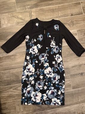 Women’s Black Floral Midi Dress with Keyhole Neckline